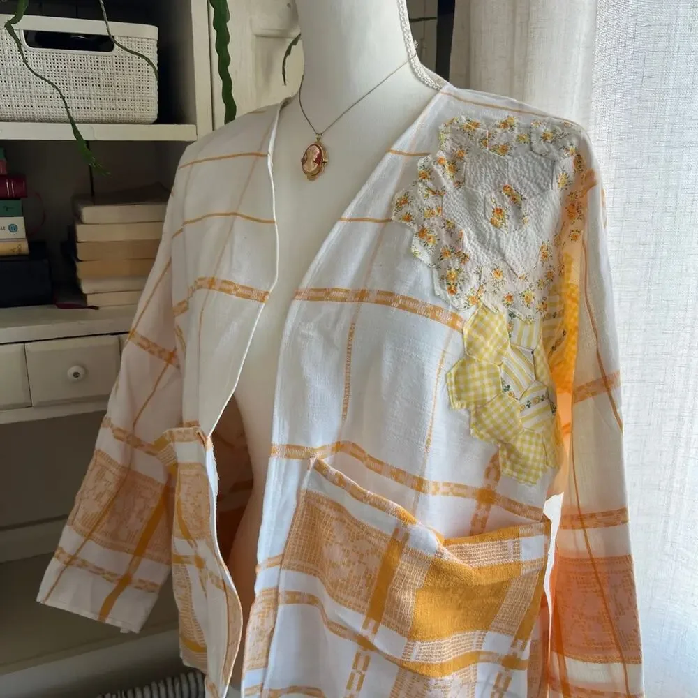 Vintage antique linen table cloth upcycled lightweight blazer cardigan large - Picture 2 of 5